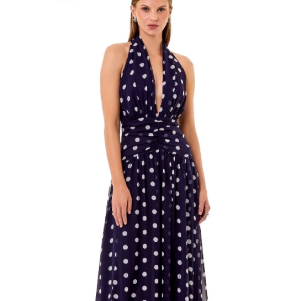 Elegant Navy Polka Dot Halter Dress